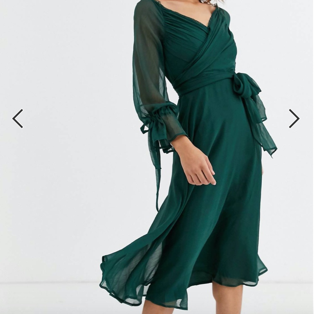 ASOS Midi dress with layered skirt and wrap waist with lace trim detail
